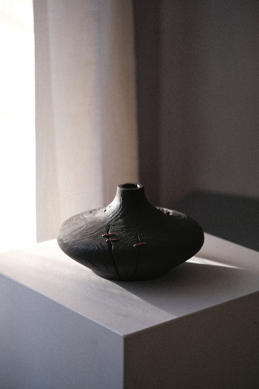 CHARRED WOODEN VASE - IN ASH