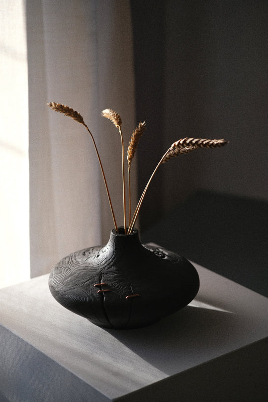 CHARRED WOODEN VASE - IN ASH